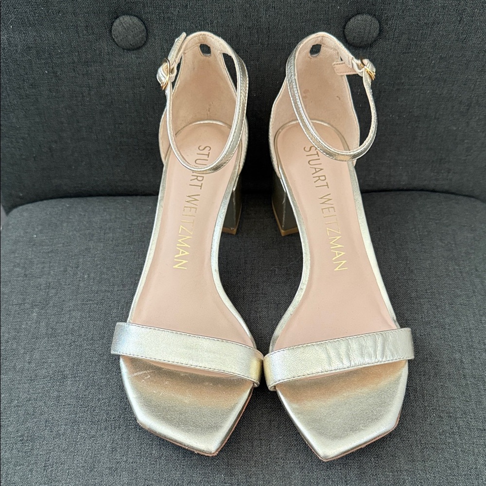 Stuart Weitzman Open-Toe Ankle-Strap Block Heels Gold